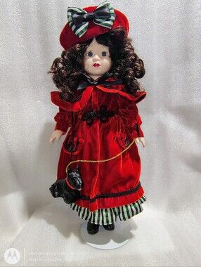 Vintage 1995 Brass Key "Mattie" Porcelain Doll 16" Red Velvet Scottie Dog